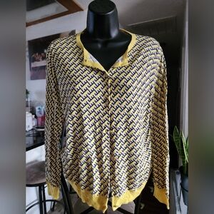 Jones New York Yellow and Navy Geometric Button-Up Cardigan